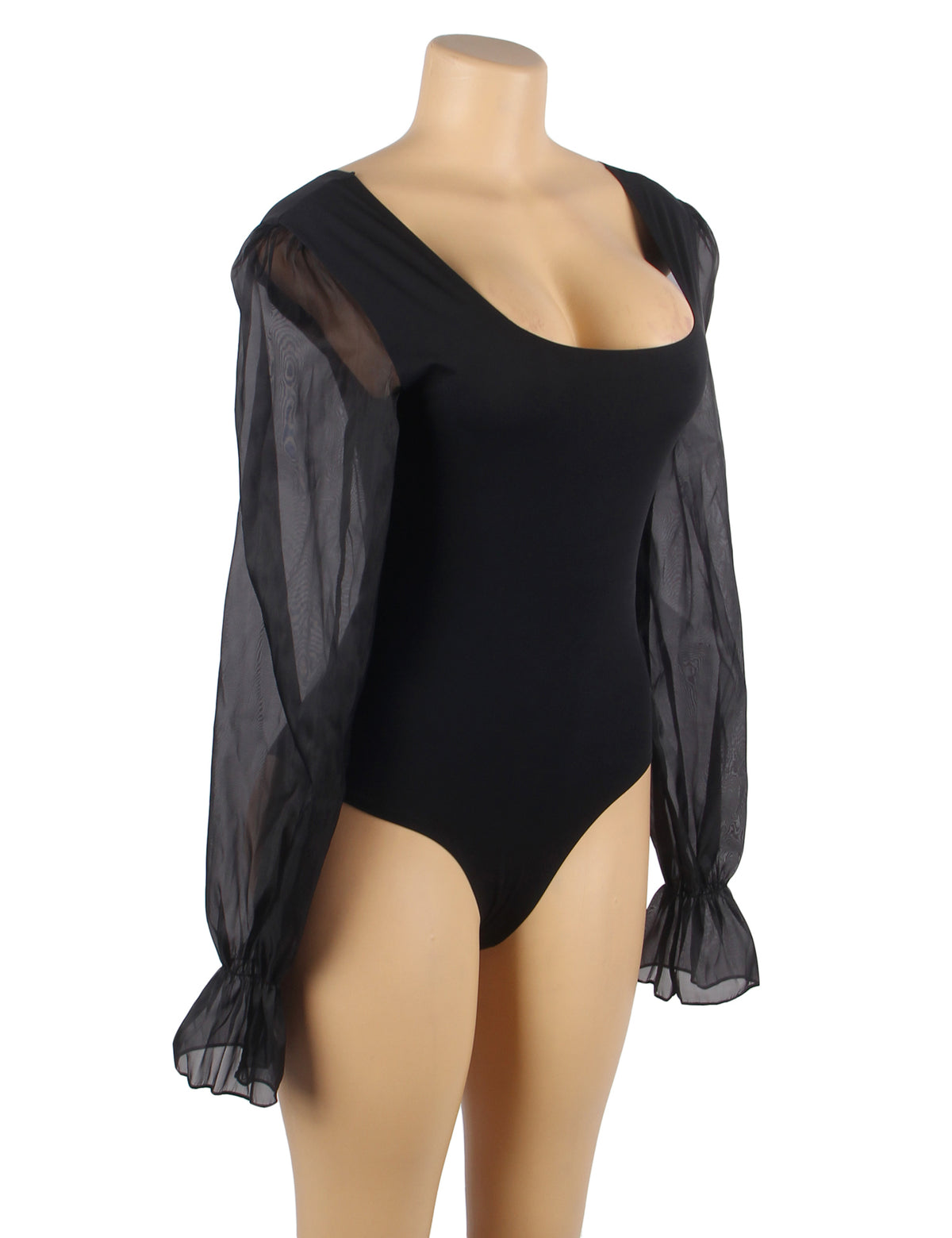 Body noir élégant à manches longues en tulle transparent - Décolleté carré