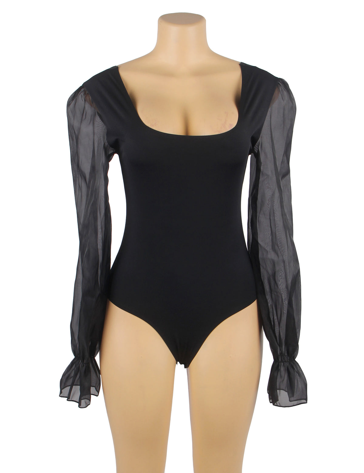 Body noir élégant à manches longues en tulle transparent - Décolleté carré
